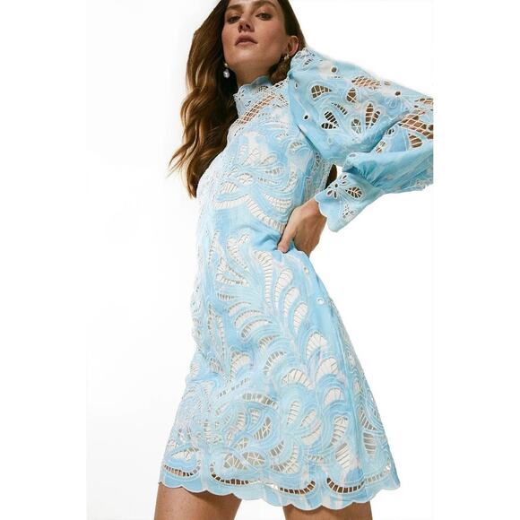 Karen Millen Paisley Lace Cutwork Dress Blue Mini Long Sleeve Sz 10 US - Picture 1 of 15